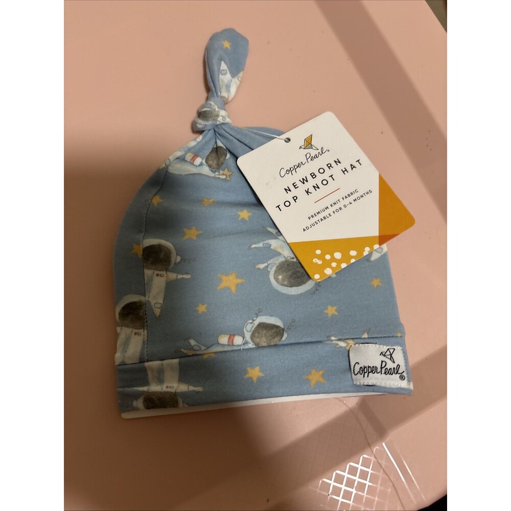 Copper Pearl Newborn Top Knot Hat, premium knit fabric 0-4mos. Astronaut